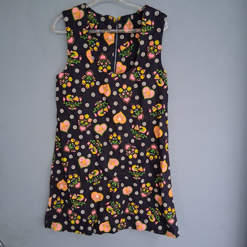 Vtg Homemade Baby Toddler Dress 2T Floral Bird AOP Black Pink Yellow OOAK Lovely